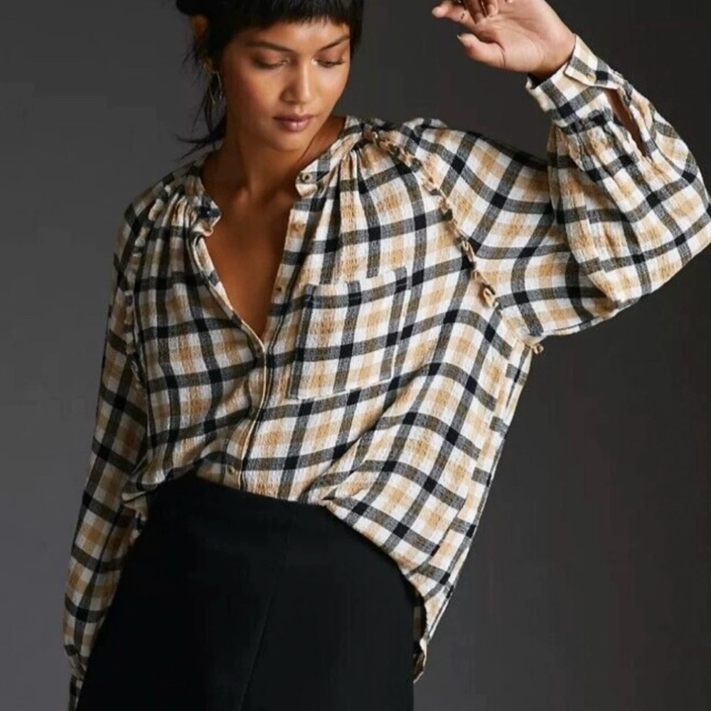 Pilcro Anthropologie Check Button Down Ruffle Shirt Size Large